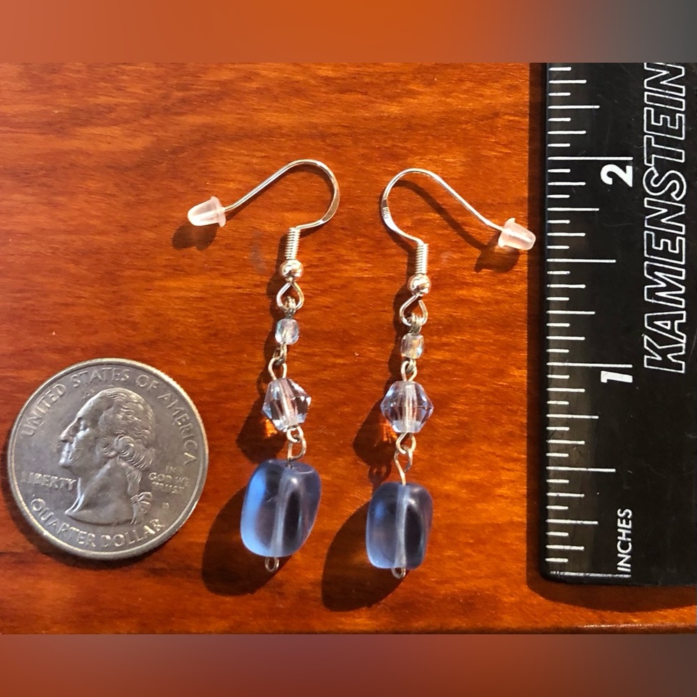 HAND CRAFTED Ice Blue "Sea Glass" Bead & Swarovski Crystal Accent Drop Earrings - Picture 11 of 14